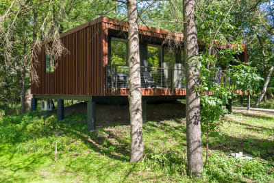 Modern cabin with wooden slats on stilts in a green landscape.