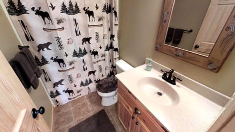 Cozy bathroom featuring a wilderness-themed shower curtain, dark towels, and rustic elements.