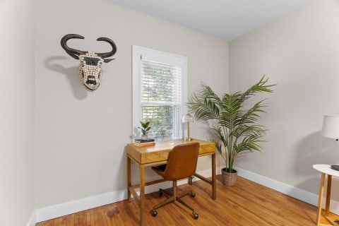Cozy workspace with a bull skull decor, wooden desk, and greenery.
