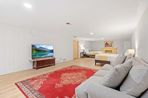A spacious and well-lit room with a television, two beds, a sofa, and a vibrant rug.