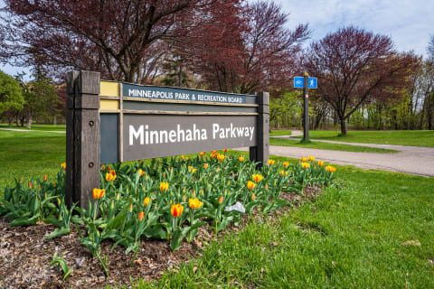 Sign for Minnehaha Parkway featuring tulips in bloom, with a pathway visible in the background.