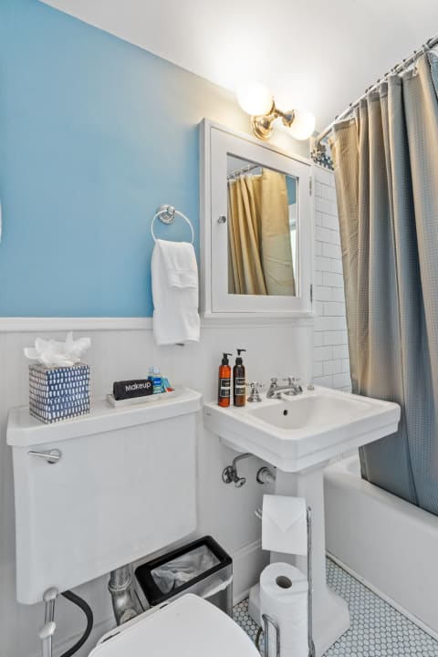 Interior view of a bathroom with blue walls, a sink, toilet, and shower curtain.