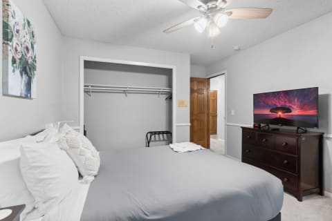 A well-decorated bedroom featuring a bed, TV, and closet space.