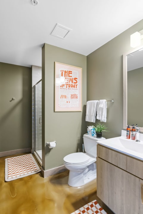 Modern bathroom featuring olive-green walls, a shower, toilet, and wooden vanity.