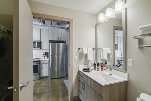 View of a modern bathroom and kitchen area, featuring a sink, mirror, and stainless steel appliances.