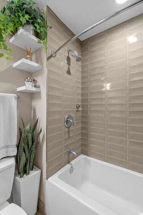 Modern bathroom shower area with beige tiles and green plants.