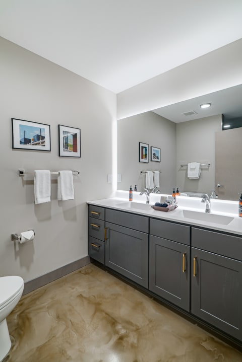 Modern bathroom with gray walls, double-sink vanity, and contemporary fixtures.