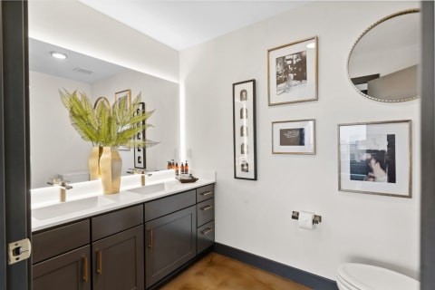 A contemporary bathroom featuring a double vanity, greenery, and framed artworks.
