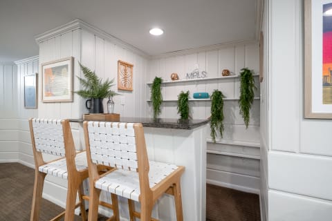 A modern kitchen nook with high stools, a granite countertop, and decorative plants on the walls.