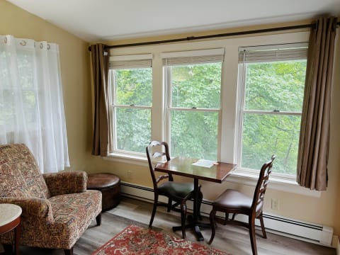 Warm corner seating area featuring a patterned armchair, a wooden table with chairs, and bright garden views through large windows.