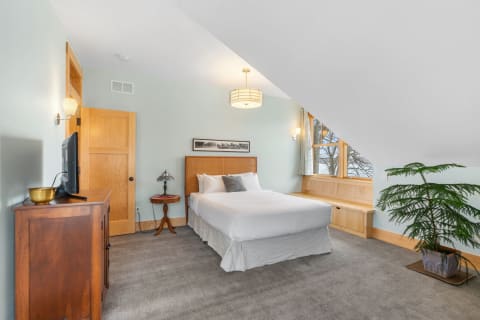 Cozy bedroom featuring light green walls, a double bed, and large windows with a view of trees outside.