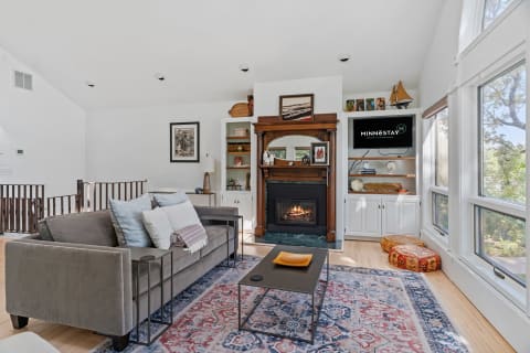 Living room featuring a grey sofa, fireplace, and bright windows, decorated with a rug and cushions.